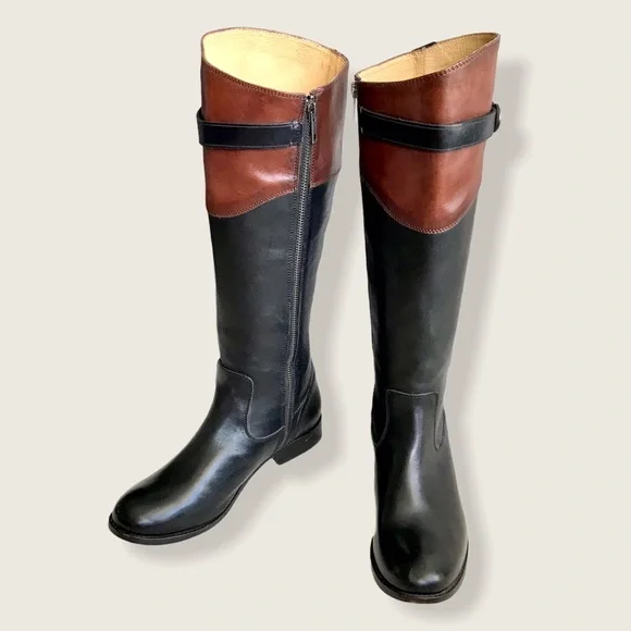 $399 Frye Molly Button Black Brown Multicolor Leather Equestrian Riding Boots